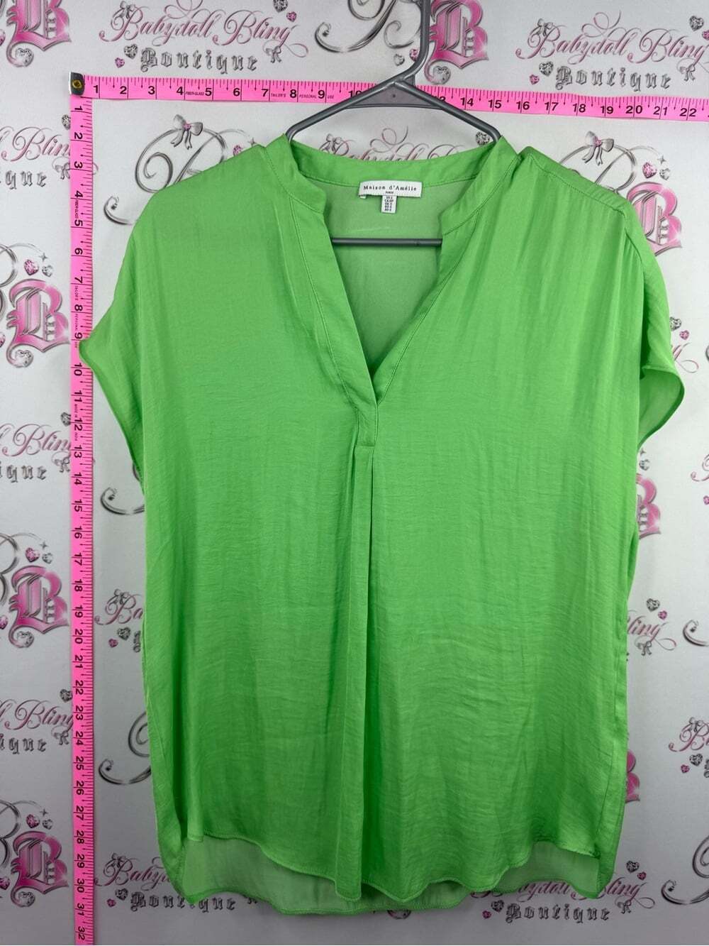 Maison d’amelie shirt Lime Green Split-Neck Short Sleeve Blouse